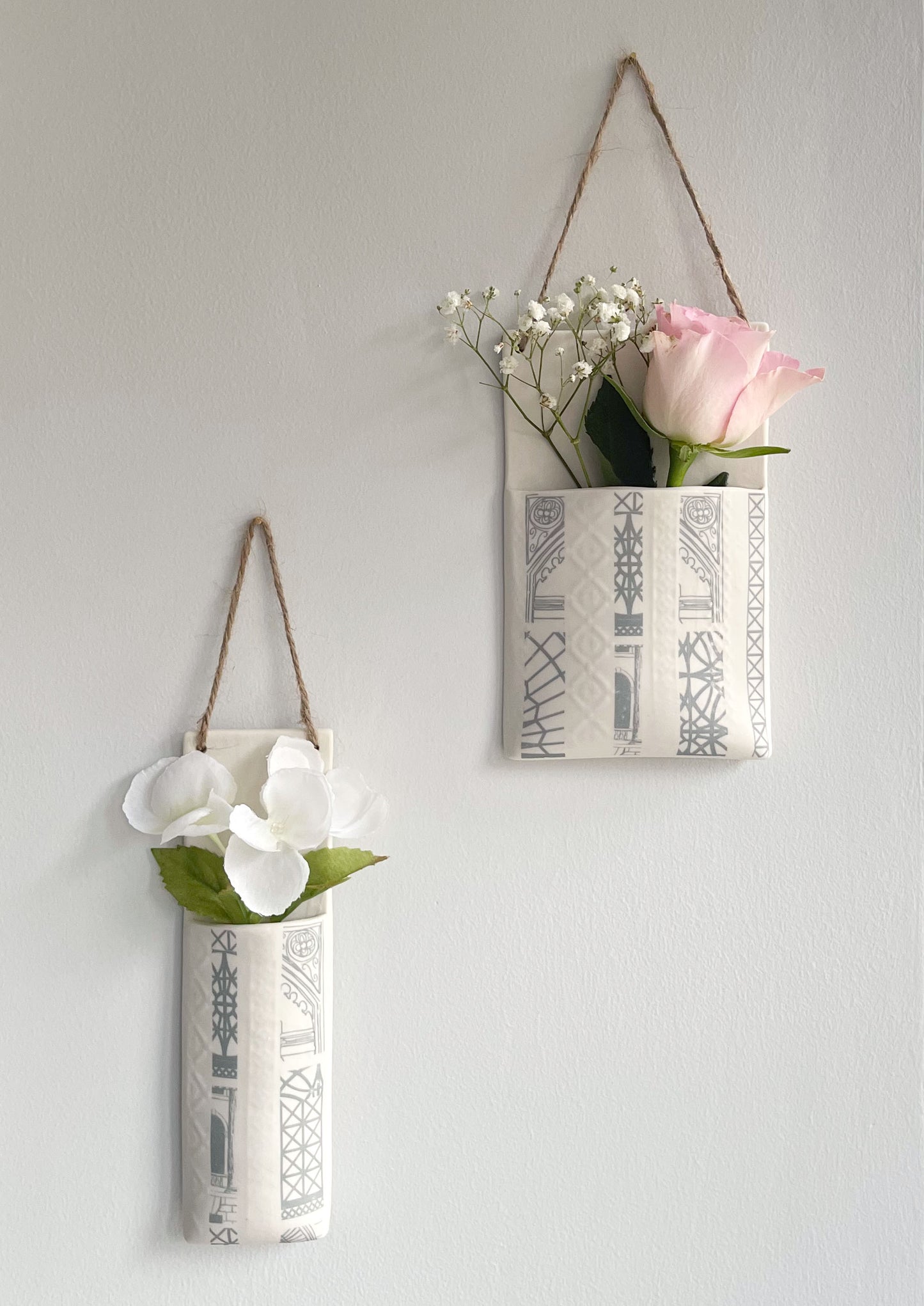 Narrow Wall Hanging Pocket Planter - Grey Architecture Print