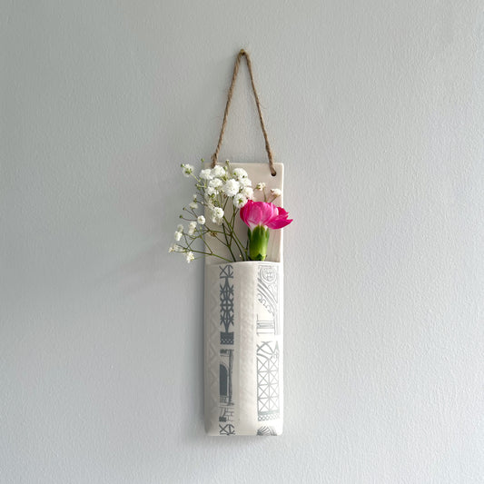 Narrow Wall Hanging Pocket Planter - Grey Architecture Print