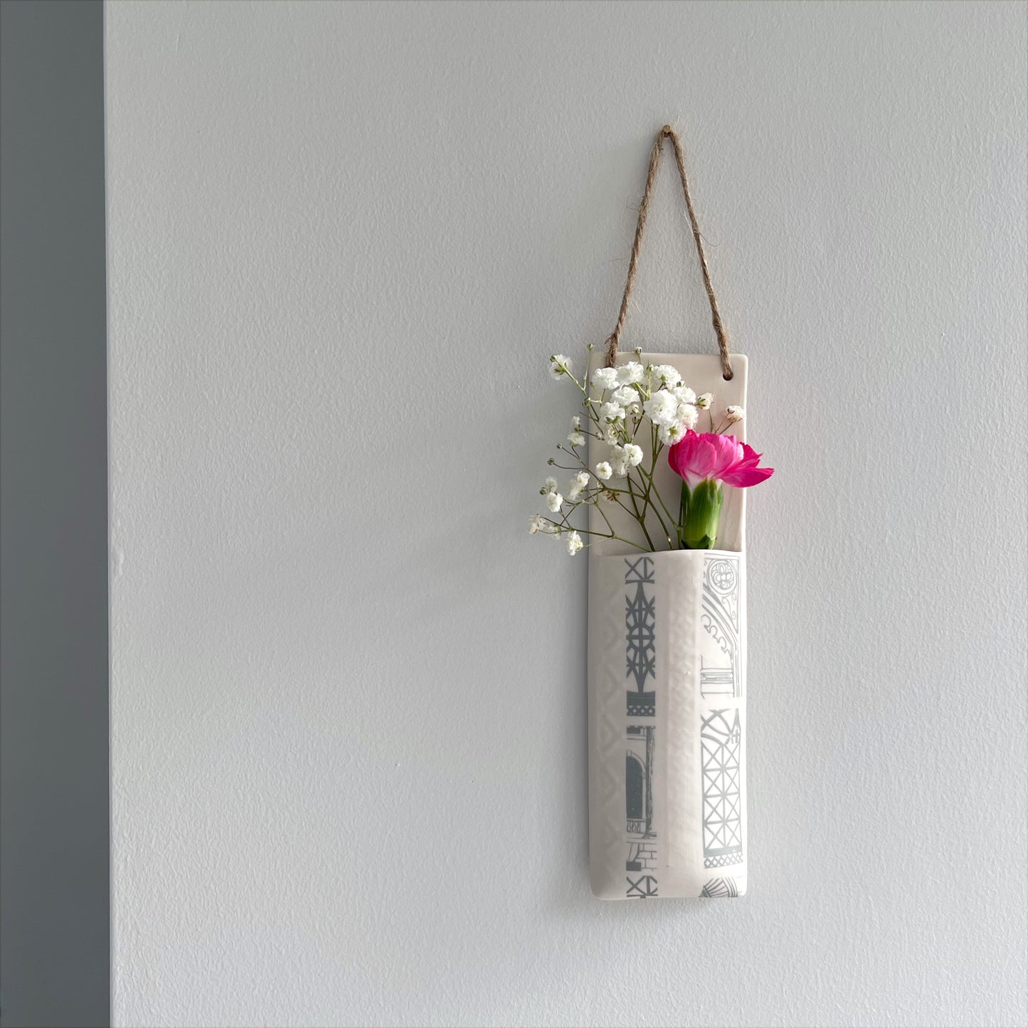 Narrow Wall Hanging Pocket Planter - Grey Architecture Print