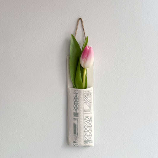 Narrow Wall Hanging Pocket Planter - Grey Architecture Print
