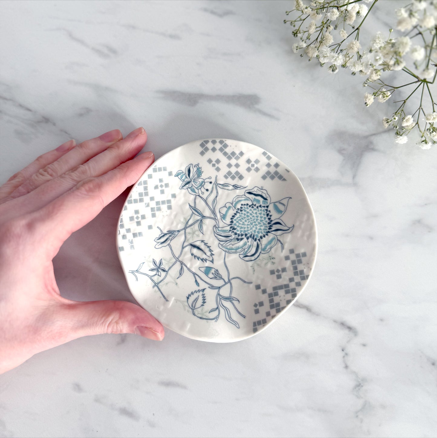 Medium Porcelain Trinket Dish/ Teabag Holder - Peony Print
