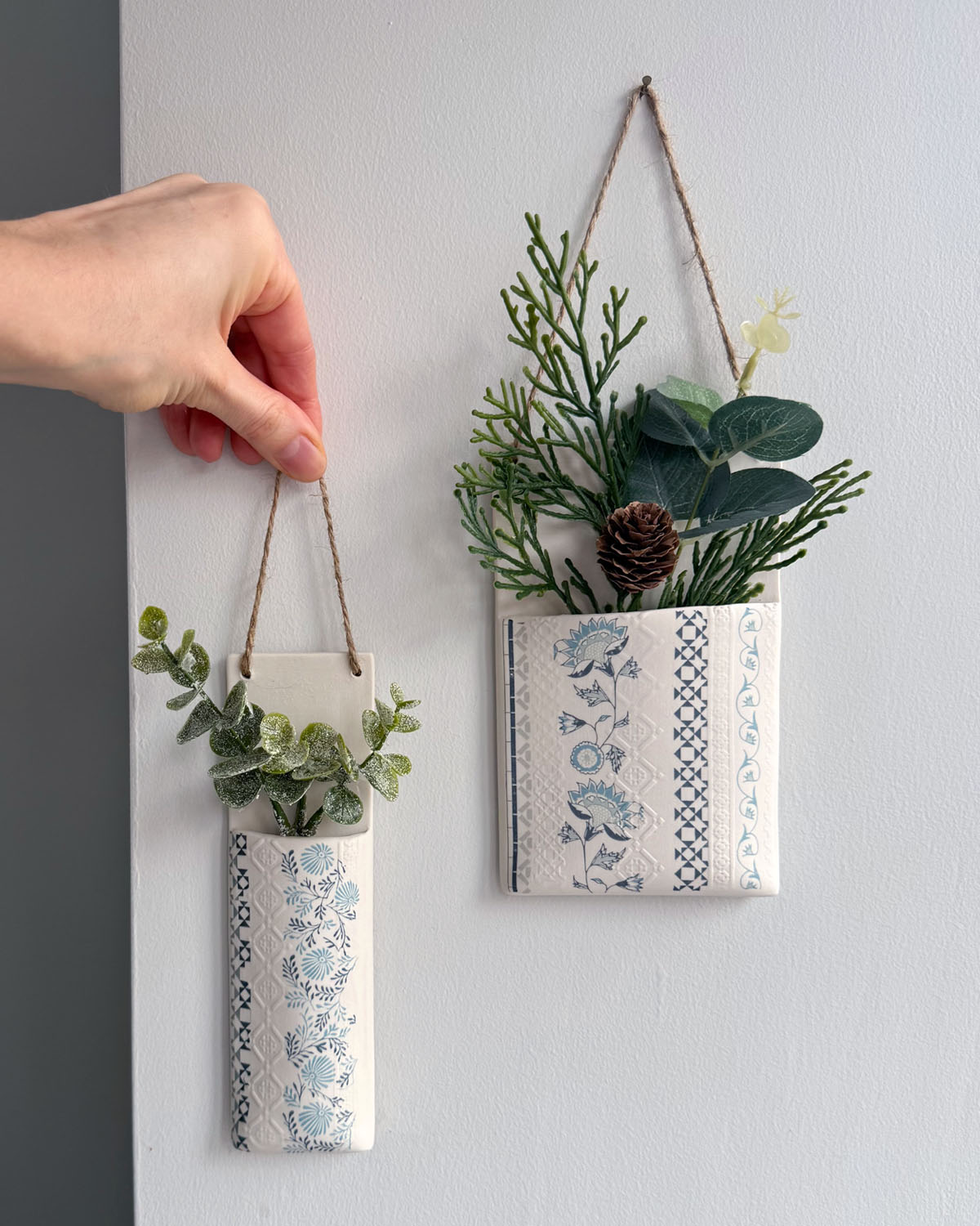 blue and white ceramic hanging planter Narrow Wall Hanging Pocket Planter