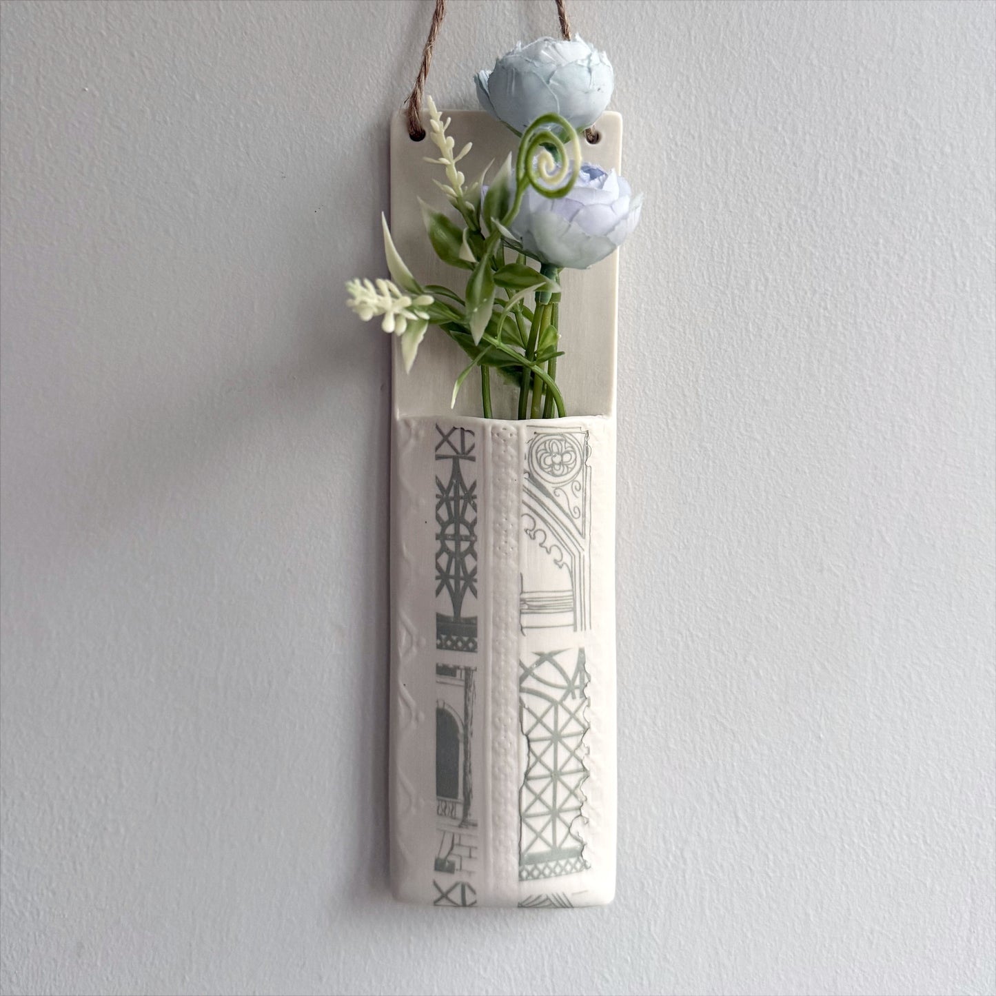 Narrow Wall Hanging Pocket Planter - Grey Architecture Print
