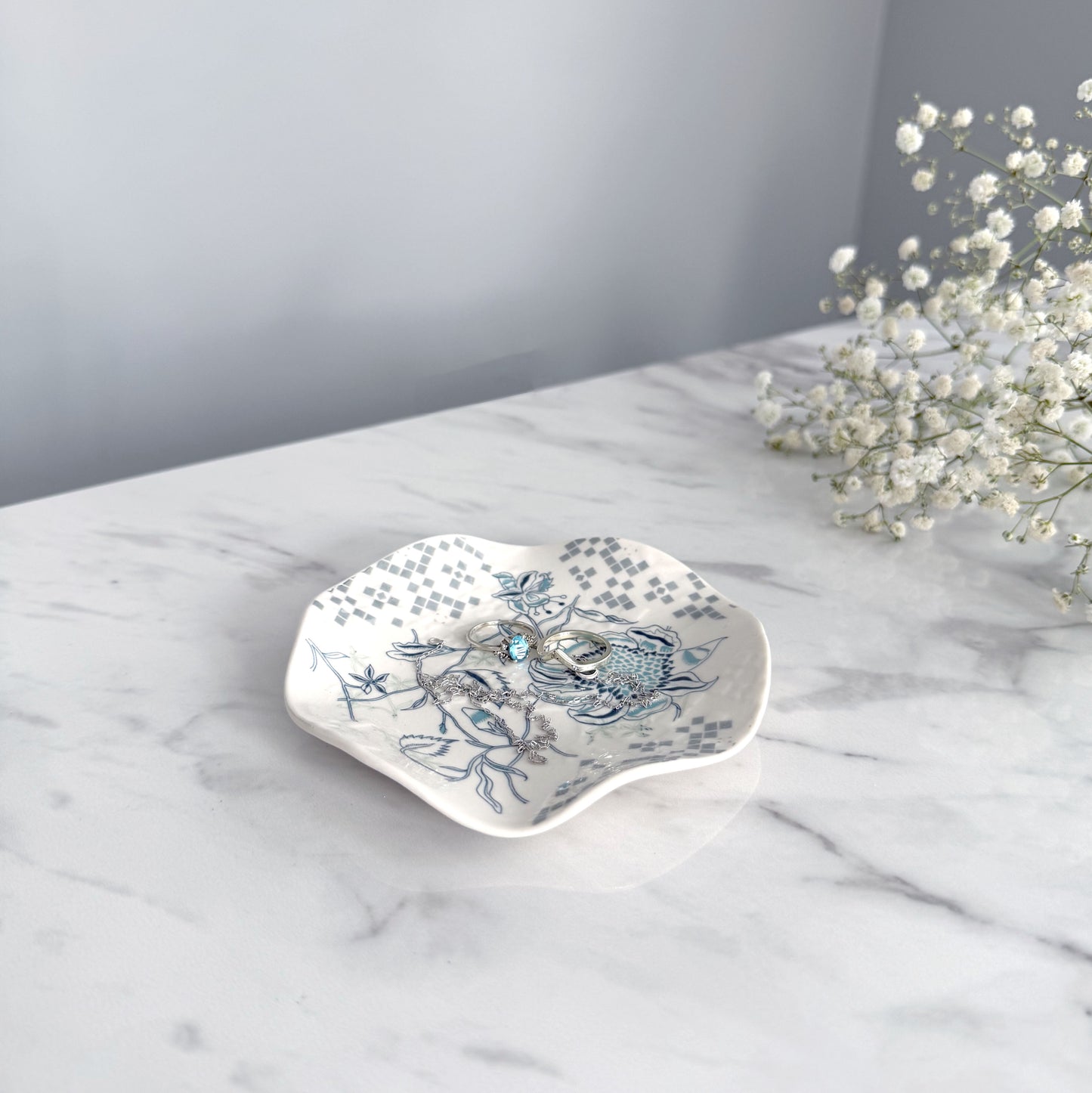 Medium Porcelain Trinket Dish/ Teabag Holder - Peony Print