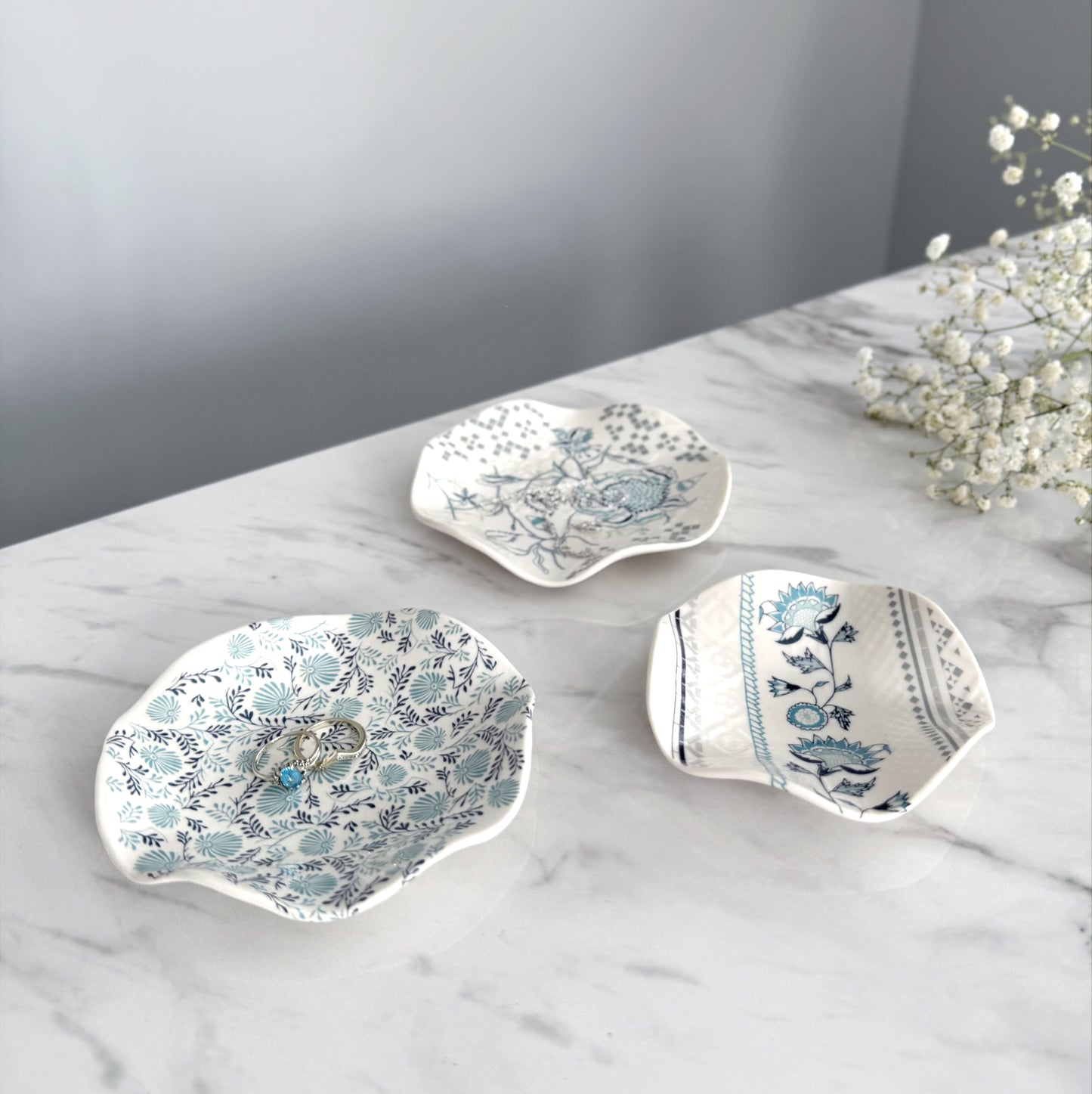 Medium Porcelain Trinket Dish/ Teabag Holder - Peony Print