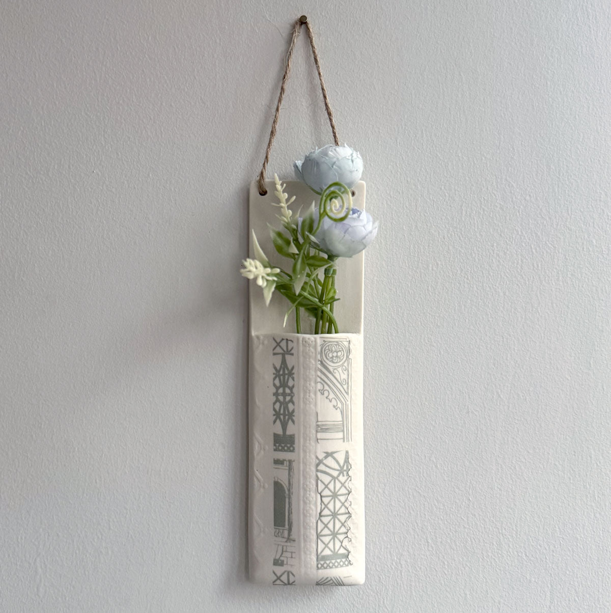 Narrow Wall Hanging Pocket Planter - Grey Architecture Print