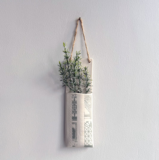 Narrow Wall Hanging Pocket Planter - Grey Architecture Print