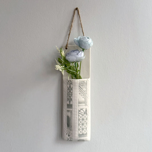 Narrow Wall Hanging Pocket Planter - Grey Architecture Print